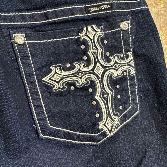 Miss Me Dark Blue Rhinestone Cross Pocket Denim Boot Cut Jeans 32 Altered - Picture 6 of 10